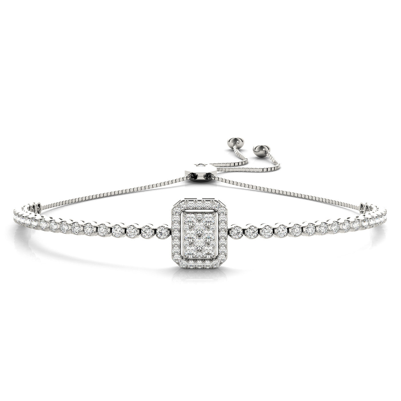White gold Pavé Diamond Square Halo Adjustable Tennis Bracelet 1