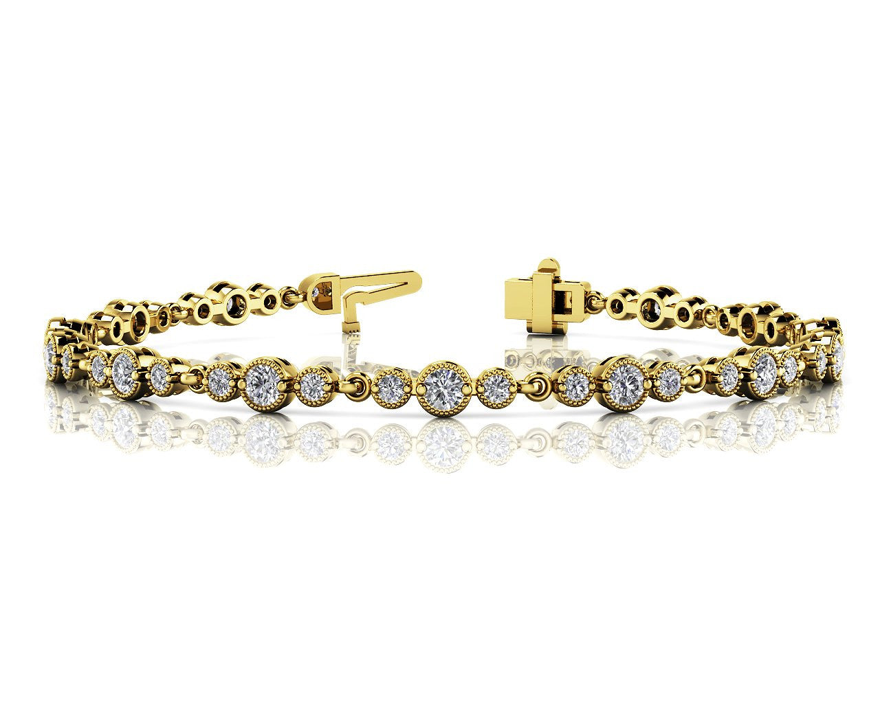 Yellow gold Round Bezel-Set Diamond Tennis Bracelet with Milgrain Detailing 2