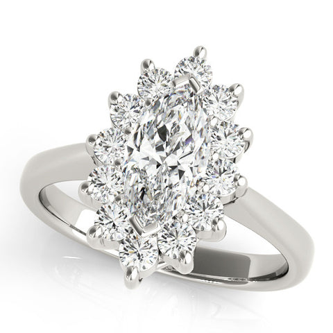 White gold Marquise Cluster Halo Diamond Ring with Solitaire Band and Prong Setting