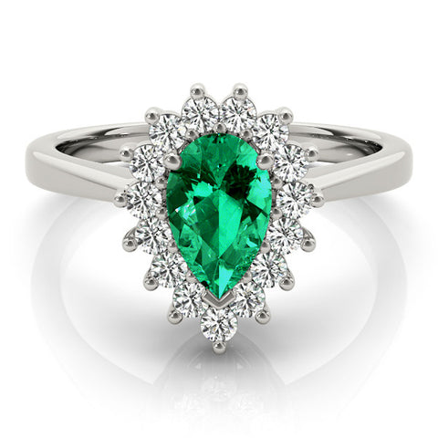 White gold Prong-Set Pear-Cut Emerald with Diamond Halo and White Gold Band