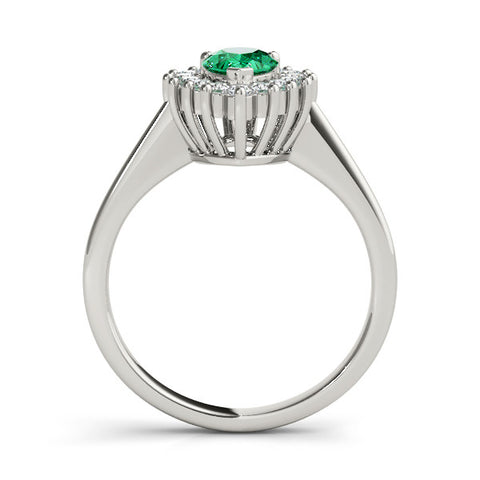 White gold Prong-Set Pear-Cut Emerald with Diamond Halo and White Gold Band