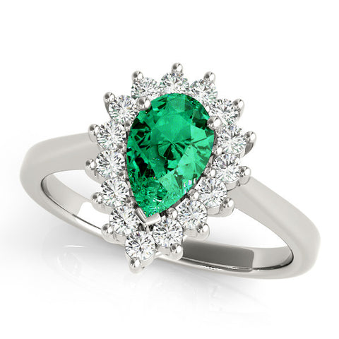 White gold Prong-Set Pear-Cut Emerald with Diamond Halo and White Gold Band