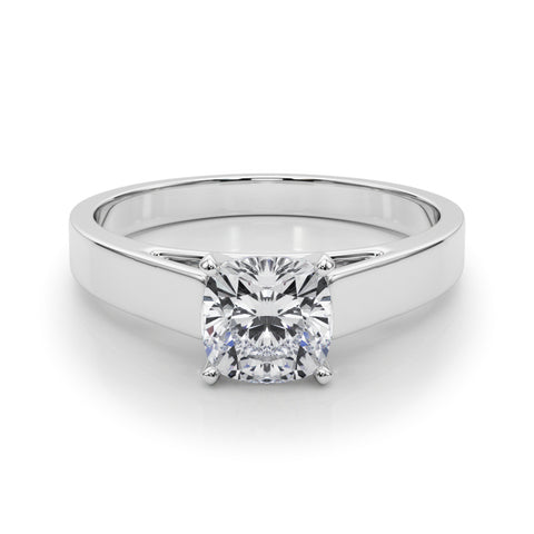 White gold Cushion Solitaire Engagement Ring with Four-Prong Setting and Tapered Band