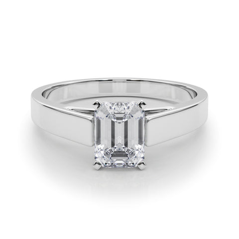 White gold Emerald Solitaire Engagement Ring with Four-Prong Setting and Tapered Band