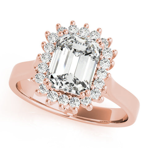 Rose gold Emerald Cut Diamond Halo Ring with Solitaire Band and Prong Setting