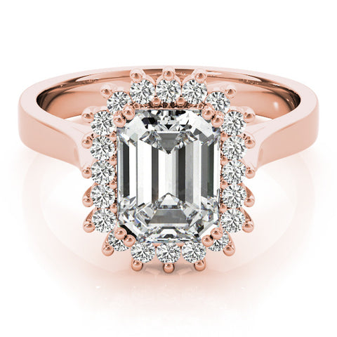 Rose gold Emerald Cut Diamond Halo Ring with Solitaire Band and Prong Setting