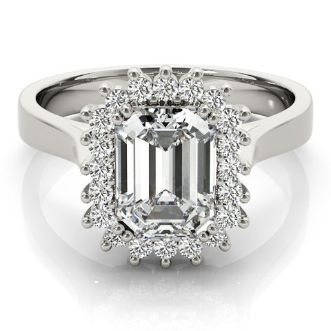 White gold Emerald Cut Diamond Halo Ring with Solitaire Band and Prong Setting