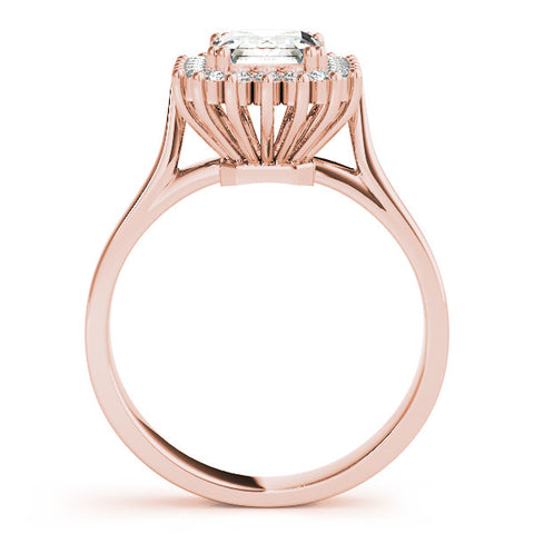 Rose gold Emerald Cut Diamond Halo Ring with Solitaire Band and Prong Setting