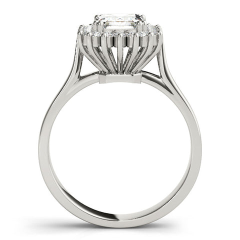 White gold Emerald Cut Diamond Halo Ring with Solitaire Band and Prong Setting