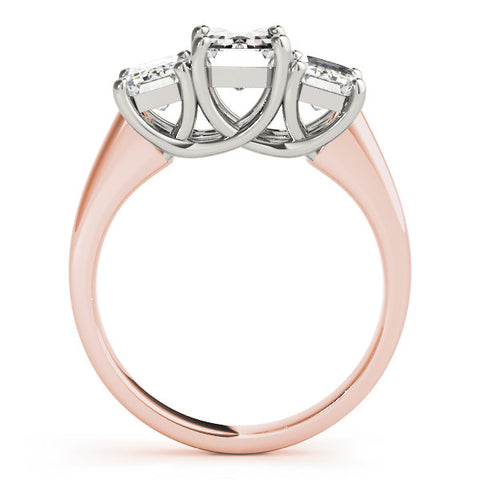Rose gold Three-Stone Emerald Cut Diamond Ring with Prong Setting and Classic Band
