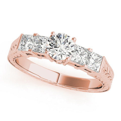 Rose gold Round Solitaire Princess Side Stone Engraved Band Prong Setting Ring