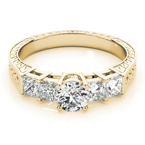 Yellow gold Round Solitaire Princess Side Stone Engraved Band Prong Setting Ring