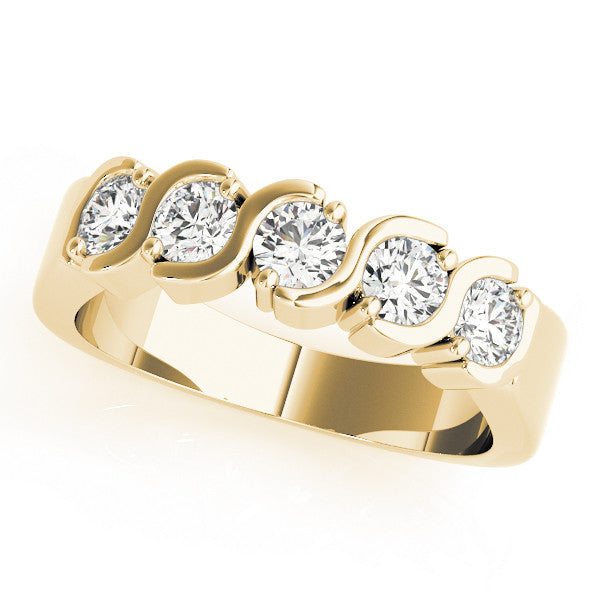 Yellow gold Five-Stone Round Diamond Wave Prong Setting White Gold Band 1