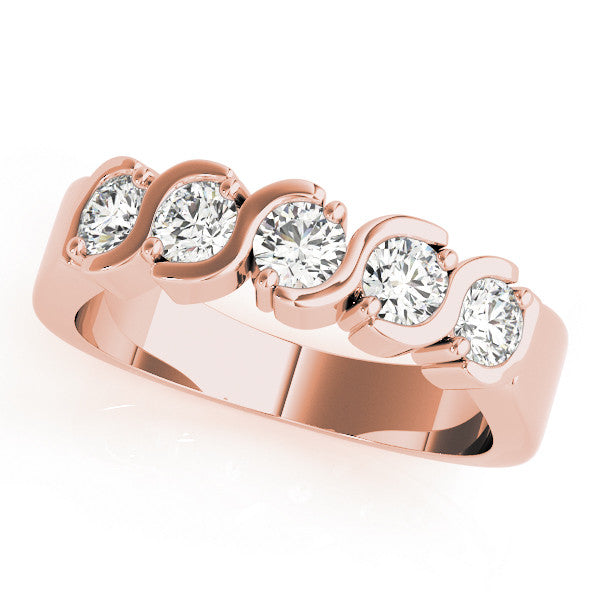 Rose gold Five-Stone Round Diamond Wave Prong Setting White Gold Band 1