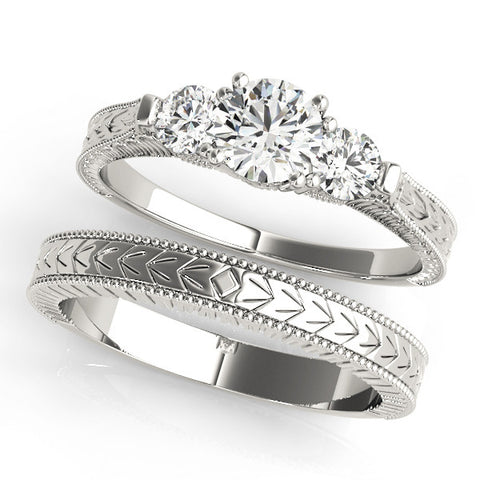 White gold Three-Stone Round Cut Milgrain Band with Prong Setting