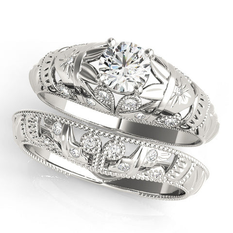 White gold Round Cut Solitaire Floral Filigree Engagement Ring with Bezel Prong Setting