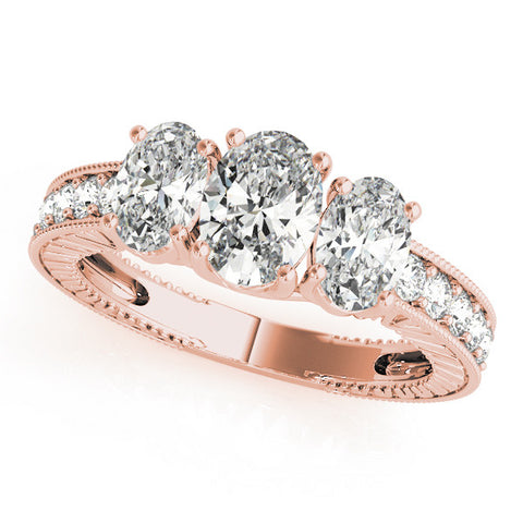 Rose gold Three-Stone Oval Diamond Milgrain Pave Band with Prong Setting