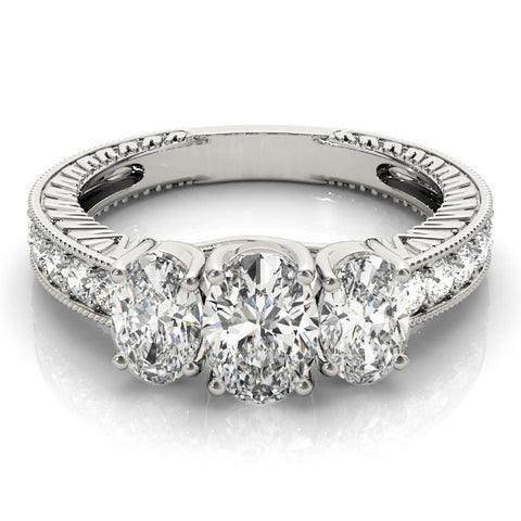 White gold Three-Stone Oval Diamond Milgrain Pave Band with Prong Setting