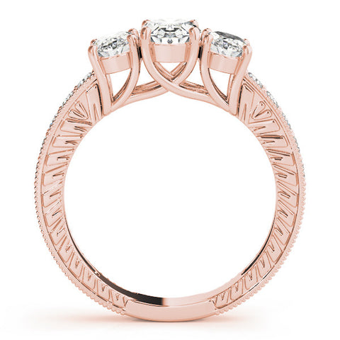 Rose gold Three-Stone Oval Diamond Milgrain Pave Band with Prong Setting