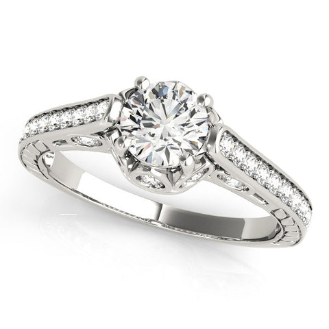 White gold Round Cut Cathedral Pave Diamond Engagement Ring with Six-Prong Setting