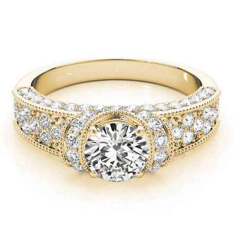 Yellow gold Round Halo Pave Diamond Engagement Ring with Milgrain Detailing