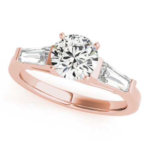 Rose gold Round Cut Diamond Solitaire Ring with Tapered Baguette Accents and Four-Prong Setting