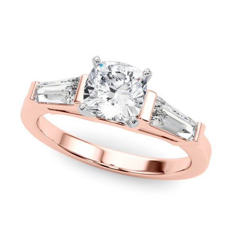 Rose gold Cushion Cut Diamond Solitaire Ring with Tapered Baguette Accents and Four-Prong Setting