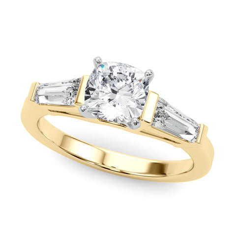 Yellow gold Cushion Cut Diamond Solitaire Ring with Tapered Baguette Accents and Four-Prong Setting