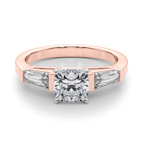 Rose gold Cushion Cut Diamond Solitaire Ring with Tapered Baguette Accents and Four-Prong Setting