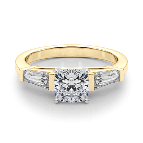 Yellow gold Cushion Cut Diamond Solitaire Ring with Tapered Baguette Accents and Four-Prong Setting