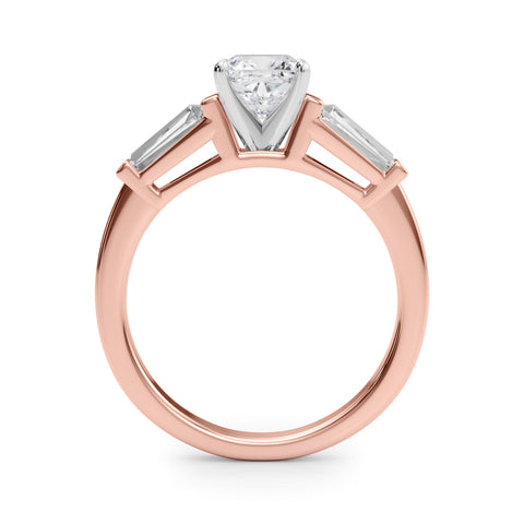 Rose gold Cushion Cut Diamond Solitaire Ring with Tapered Baguette Accents and Four-Prong Setting