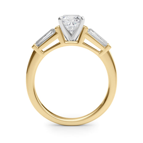 Yellow gold Cushion Cut Diamond Solitaire Ring with Tapered Baguette Accents and Four-Prong Setting