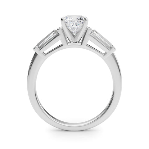 White gold Cushion Cut Diamond Solitaire Ring with Tapered Baguette Accents and Four-Prong Setting