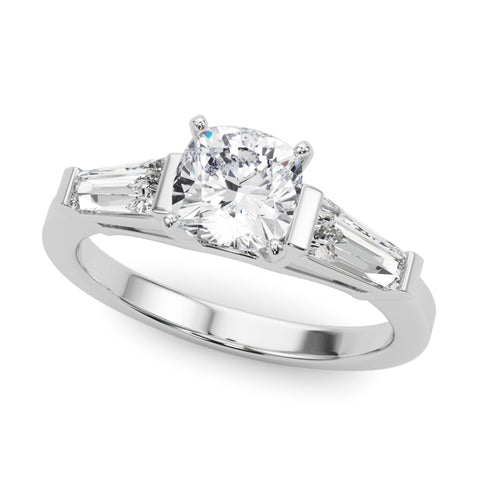 White gold Cushion Cut Diamond Solitaire Ring with Tapered Baguette Accents and Four-Prong Setting