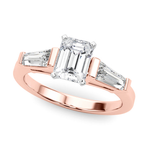 Rose gold Emerald Cut Diamond Solitaire Ring with Tapered Baguette Accents and Four-Prong Setting