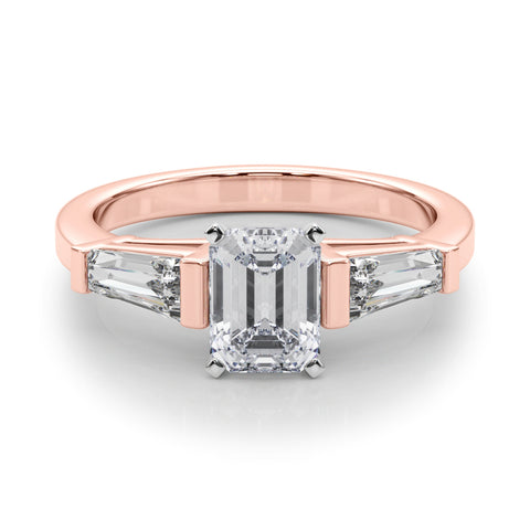 Rose gold Emerald Cut Diamond Solitaire Ring with Tapered Baguette Accents and Four-Prong Setting