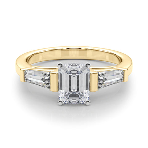 Yellow gold Emerald Cut Diamond Solitaire Ring with Tapered Baguette Accents and Four-Prong Setting