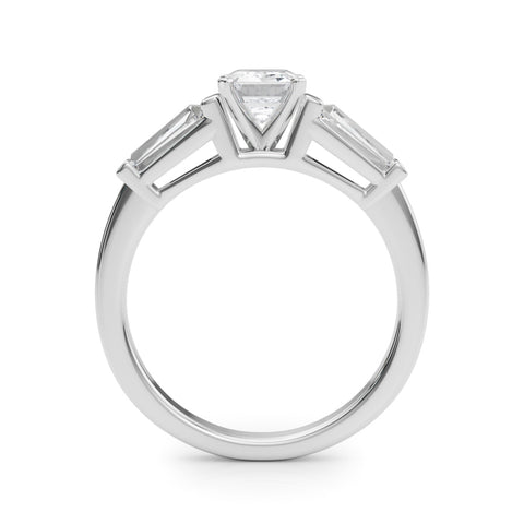 White gold Emerald Cut Diamond Solitaire Ring with Tapered Baguette Accents and Four-Prong Setting