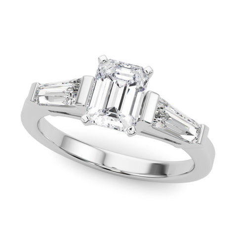 White gold Emerald Cut Diamond Solitaire Ring with Tapered Baguette Accents and Four-Prong Setting