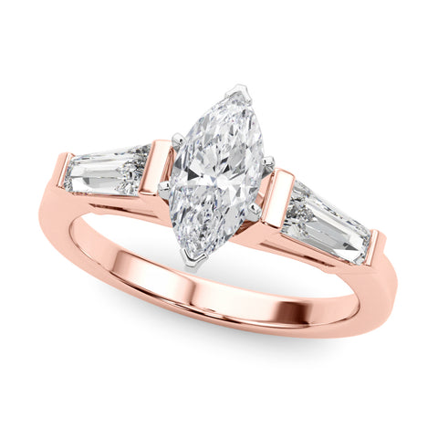 Rose gold Marquise Cut Diamond Solitaire Ring with Tapered Baguette Accents and Four-Prong Setting