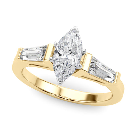 Yellow gold Marquise Cut Diamond Solitaire Ring with Tapered Baguette Accents and Four-Prong Setting