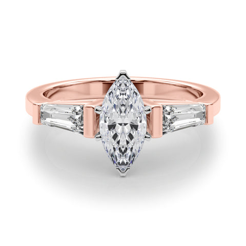 Rose gold Marquise Cut Diamond Solitaire Ring with Tapered Baguette Accents and Four-Prong Setting