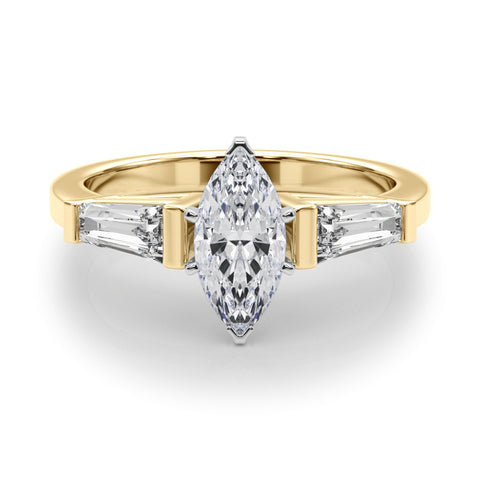 Yellow gold Marquise Cut Diamond Solitaire Ring with Tapered Baguette Accents and Four-Prong Setting