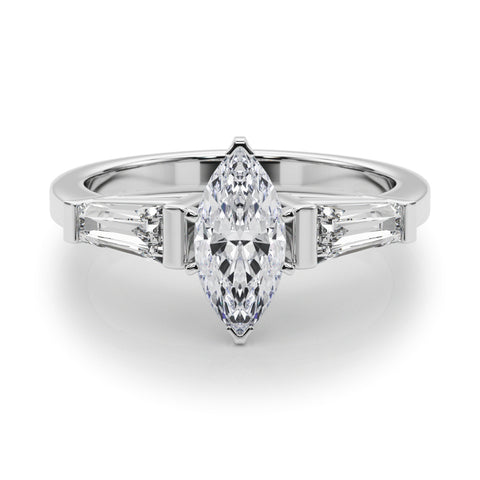 White gold Marquise Cut Diamond Solitaire Ring with Tapered Baguette Accents and Four-Prong Setting