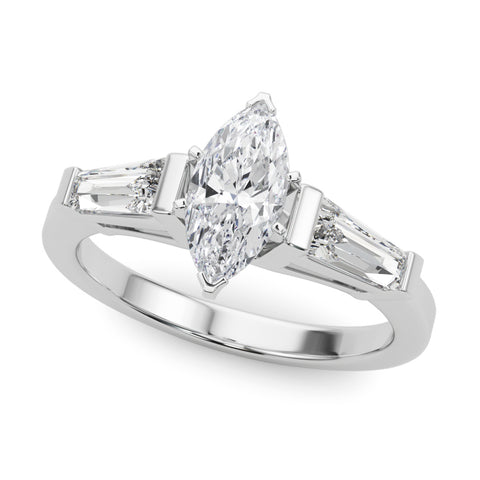 White gold Marquise Cut Diamond Solitaire Ring with Tapered Baguette Accents and Four-Prong Setting