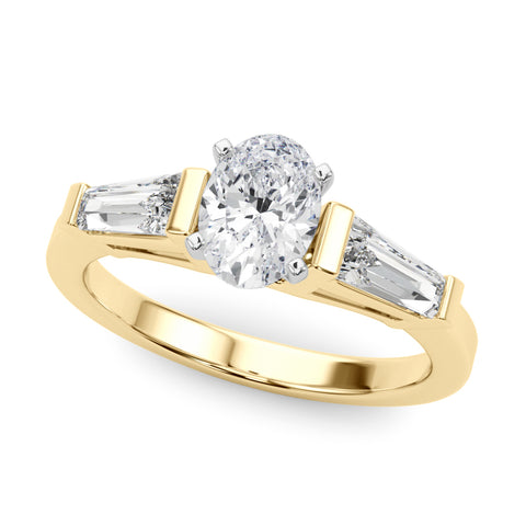 Yellow gold Oval Cut Diamond Solitaire Ring with Tapered Baguette Accents and Four-Prong Setting