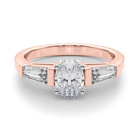 Rose gold Oval Cut Diamond Solitaire Ring with Tapered Baguette Accents and Four-Prong Setting