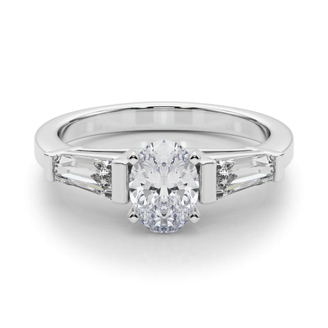 White gold Oval Cut Diamond Solitaire Ring with Tapered Baguette Accents and Four-Prong Setting