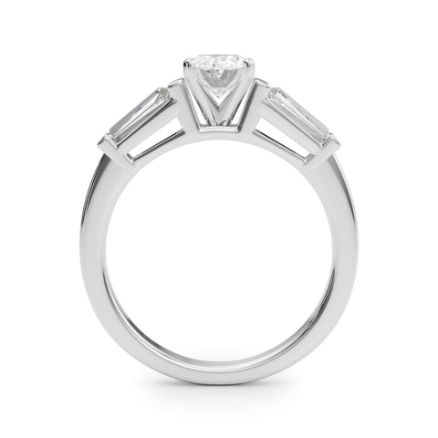 White gold Oval Cut Diamond Solitaire Ring with Tapered Baguette Accents and Four-Prong Setting