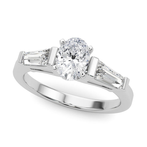 White gold Oval Cut Diamond Solitaire Ring with Tapered Baguette Accents and Four-Prong Setting